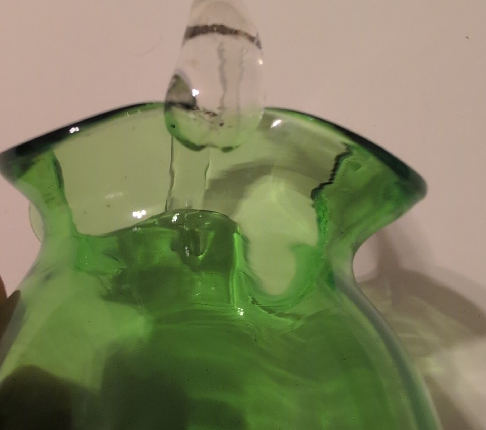 Green Pilgrim Glass Ruffled Rim Pitcher with Clear Handle - Picture 8 of 13
